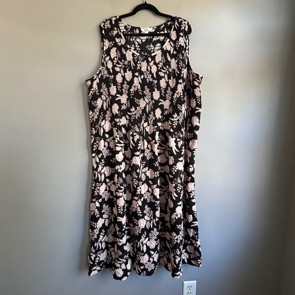 Croft & Barrow Womens Plus 2X Black Pink Floral Smocked Sleeveless Midi Dress
